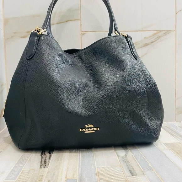 COACH Purse F80268 Hallie Shoulder Bag Tote Black Pebble Leather Gold Hardware - Picture 3 of 16